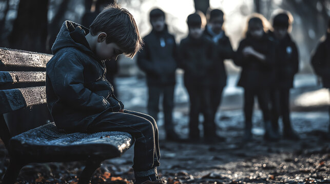 Silhouette of a child sitting alone on a bench at night, with a group of people in the background.