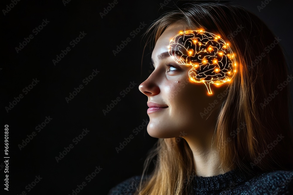 Poster cerebral cortex functional connectivity and neuroadaptive side profile of woman with glowing neural 
