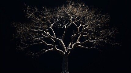 Leafless tree with sprawling branches isolated against a dark background