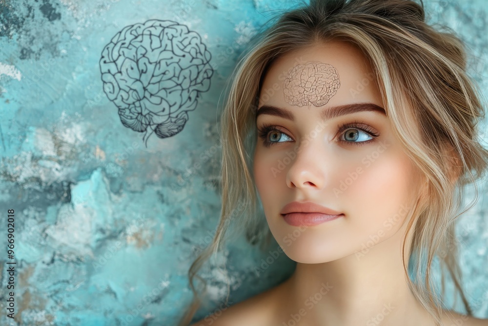 Poster cortical dynamics cortical inhibition and brain imaging woman with glowing neural brain visualizatio