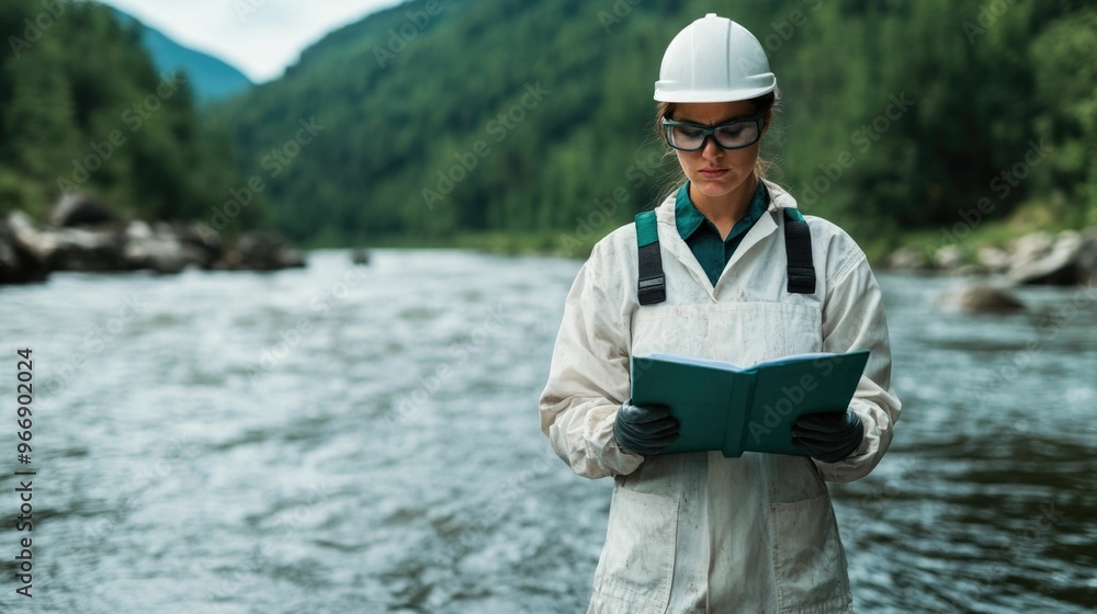 Poster scientist examining river ecosystem to analyze environmental impact of pollution and gather data for