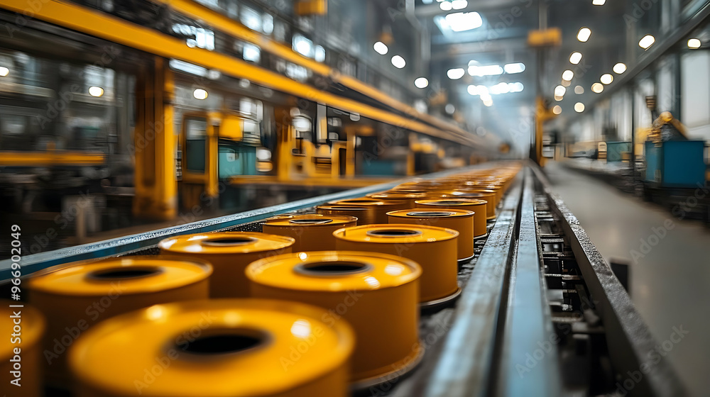 Poster a factory assembly line featuring yellow cylindrical objects in production.
