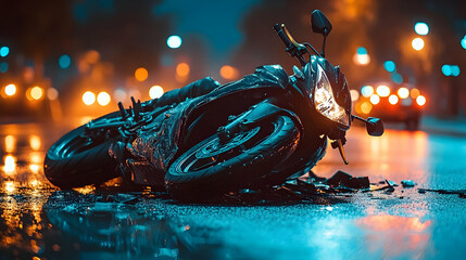 A fallen motorcycle on a wet street at night, illuminated by city lights.
