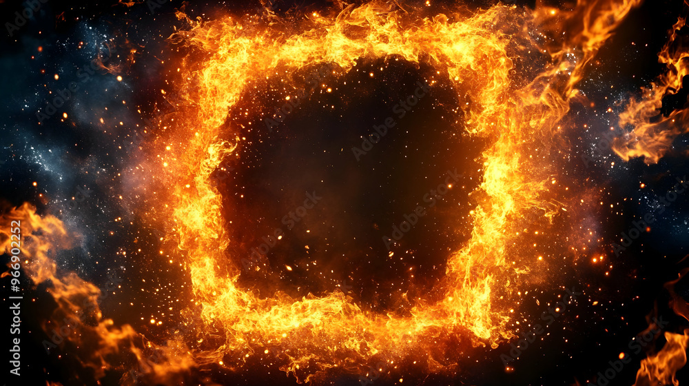 Poster a fiery frame with swirling flames and cosmic elements, creating a dramatic visual effect.