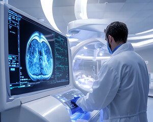Doctor examining a brain scan in a modern medical facility.