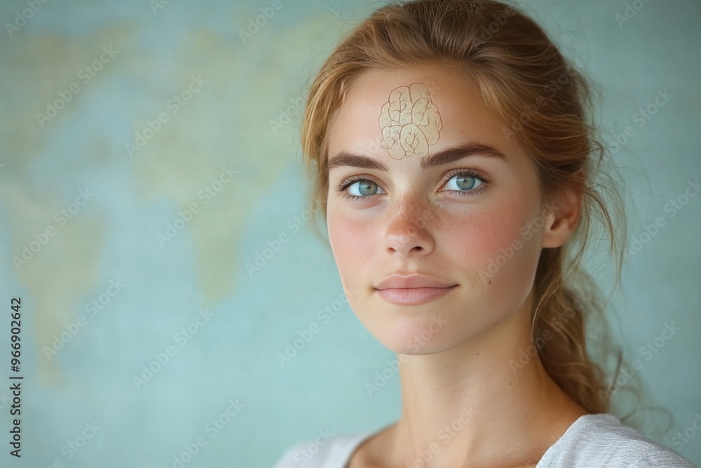Poster neuroplasticity brain derived factor and functional neuroanatomy side profile of woman with glowing 