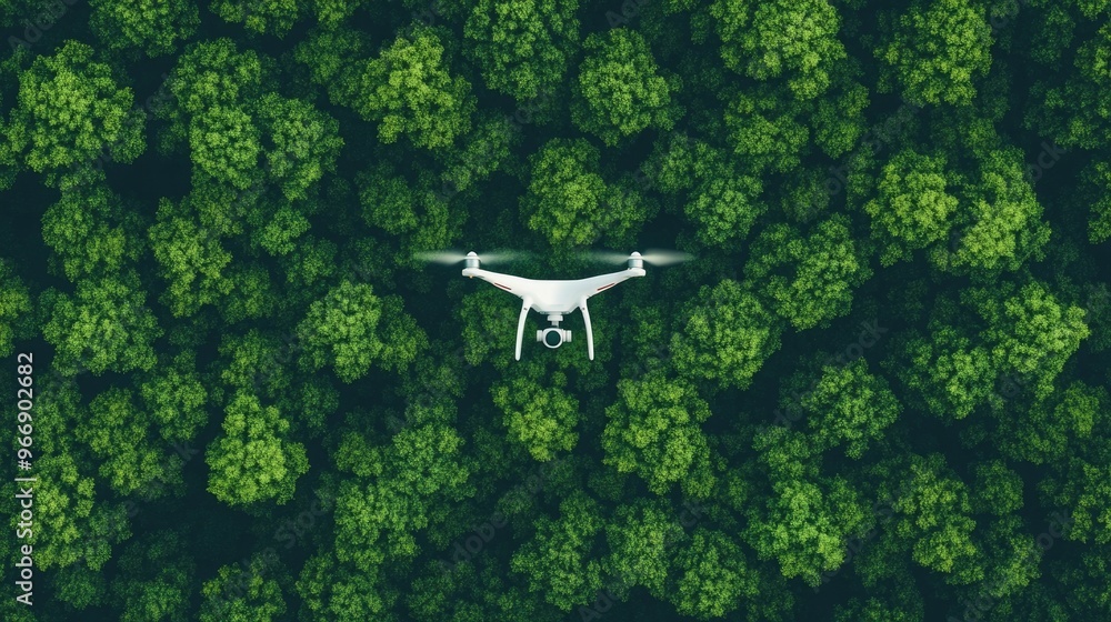 Poster scientist using advanced drone technology to conduct aerial mapping and data collection of a forest 