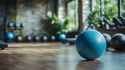 A fitness space featuring a blue exercise ball and various weights in a well-lit environment.