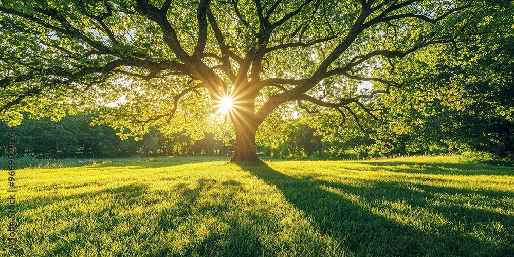 Poster a large tree casts a shadow on the grass in a field. the sun is shining brightly, creating a warm an