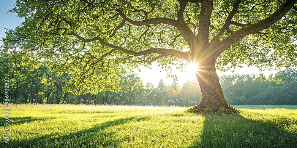 Poster a large tree casts a shadow on the grass in a field. the sun is shining brightly, creating a warm an