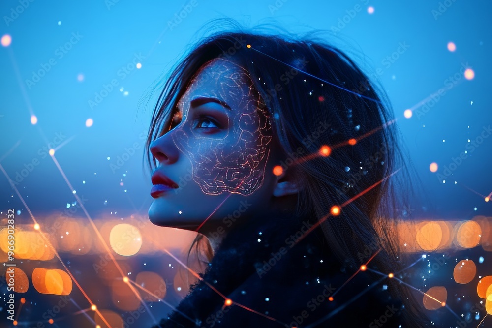 Aufkleber brain mapping cortical inhibition and mental workload woman with neural network overlay symbolizing 