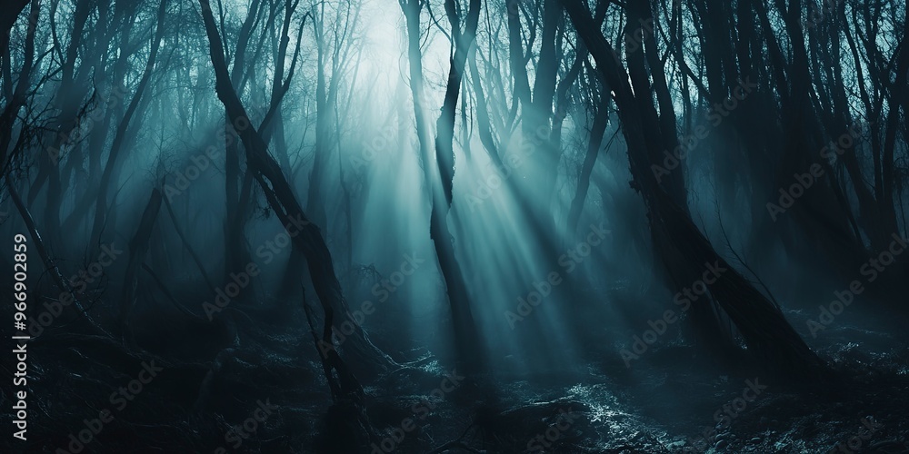 Poster a spooky forest with twisted trees and sunlight filtering through the fog, creating a mysterious and