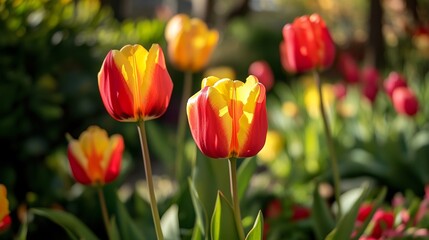 Fototapeta premium Red and yellow tulips blooming in a garden