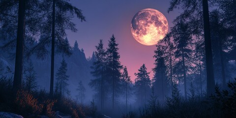 Naklejka premium A forest at night with a full moon in the sky