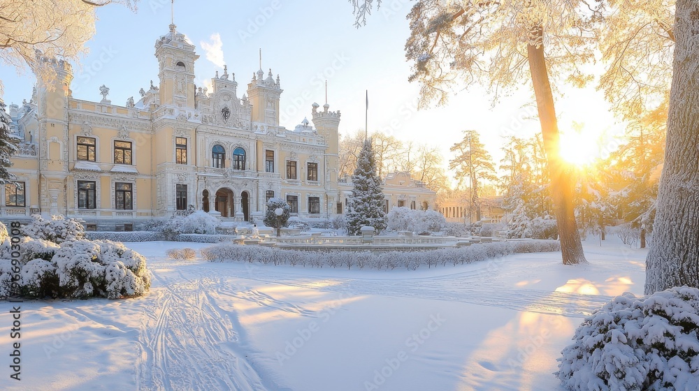 Poster snowy palace garden at sunset