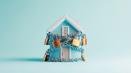 Detailed 3D model of a house wrapped tightly in chains and padlocks, produced using Cinema 4D, ample area for text below, all objects in clear focus, deep depth of field