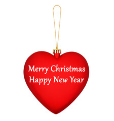 Obraz premium Christmas ball red heart, Merry Christmas, Happy New Year text, golden decoration, white background isolated, winter holidays banner, xmas celebration, greeting card, festive bauble, love symbol icon