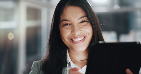 Office, businesswoman and portrait with tablet for research, company info and productivity with...