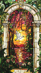 Stained glass window sunset over water, surrounded by lush flowers and swirling clouds. generative ai