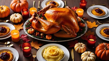  A festive Thanksgiving dinner table with a golden-brown turkey, mashed potatoes, cranberry sauce, and candles, surrounded by fall decorations like pumpkins and autumn leaves.
