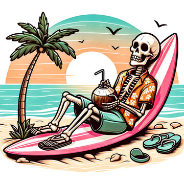 recommend clip art: A skeleton lounging on a surfboard stuck in the sand, wearing flip-flops and a Hawaiian shirt, with a palm tree and sunset in the background t-shirt design vector art illustration image.
                    