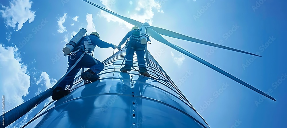 Aufkleber an environmental friendly energy solution - engineers installing windmill turbines