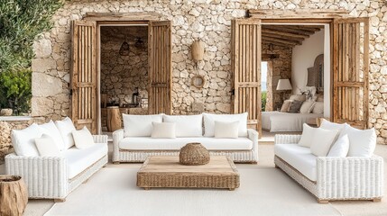 White Wicker Sofa Set on Patio with Stone Wall and Wooden Doors