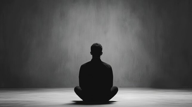 A lone person sitting in an empty room enveloped by a shroud of dark ominous shadows that loom over them creating an atmosphere of psychological dread and isolation