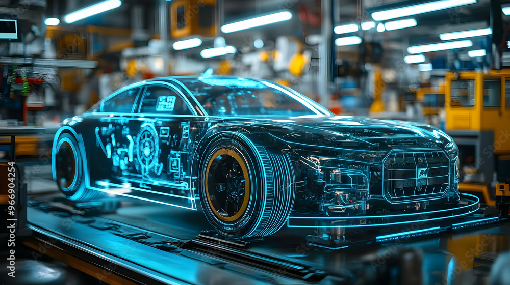 Poster a futuristic car model displayed in a high-tech factory setting, showcasing advanced technology.