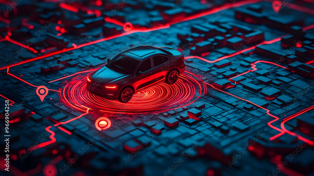 Poster a futuristic car model displayed on a digital map with glowing red lines and location markers.