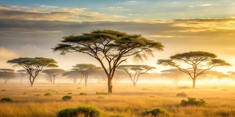 Fototapeta premium Soft morning light illuminating savannah acacia trees with mist rising