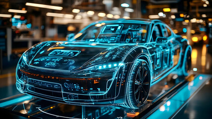 A futuristic car model displayed with a holographic design showcasing technology and innovation.