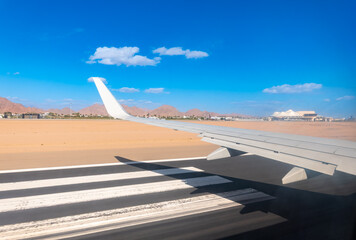 View from the airplane window during takeoff in Sharm el-Sheikh, Egypt.