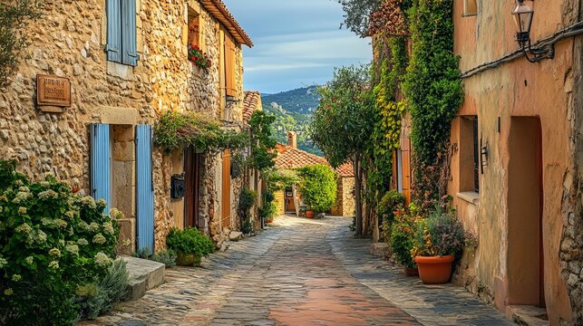 Fototapeta A view of a charming street in the small town of La Roquebrussane, located in the Var department, Provence region of France.