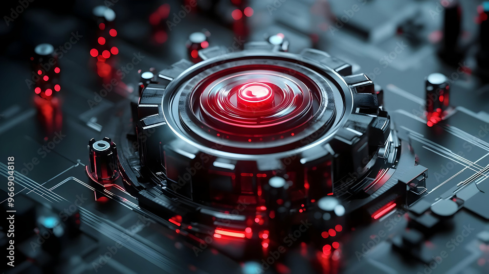 Poster a futuristic circuit design featuring a glowing red component at its center.