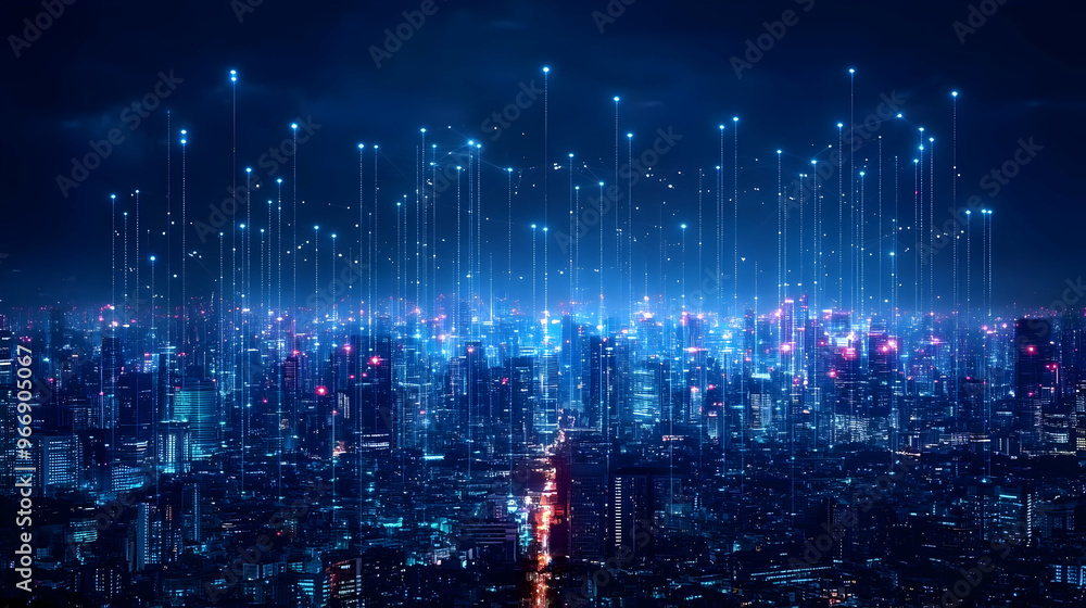 Poster a futuristic cityscape illuminated by digital connections and data streams.