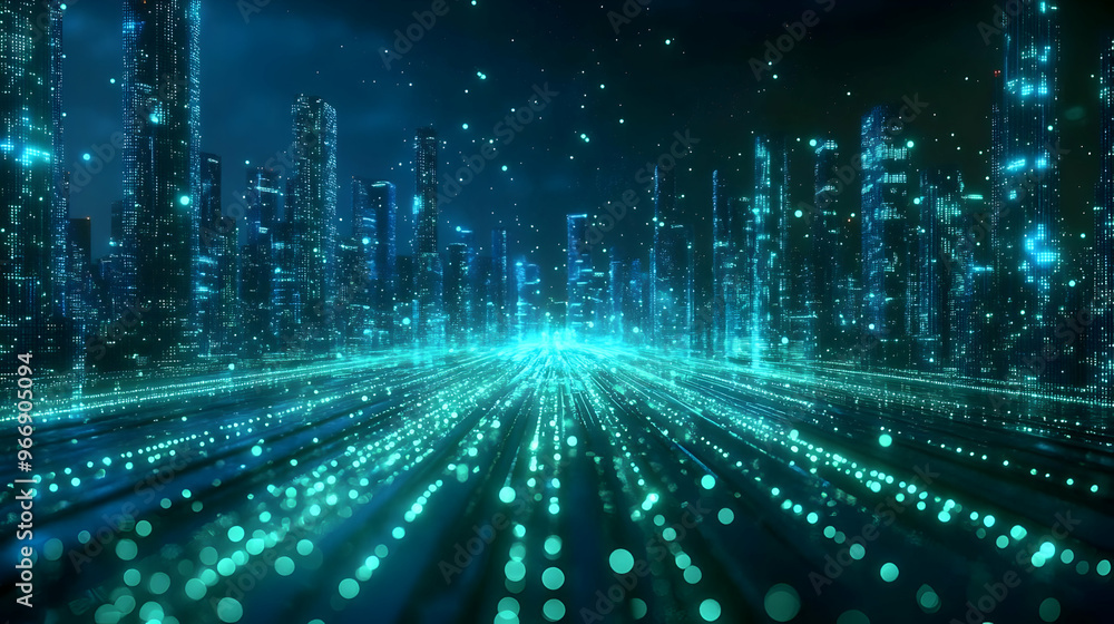 Poster a futuristic cityscape with glowing lights and digital elements creating a cybernetic atmosphere.