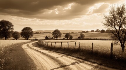 Fototapeta premium Generative AI, Sepia-toned image of a winding dirt road through a peaceful rural landscape with rolling fields and trees