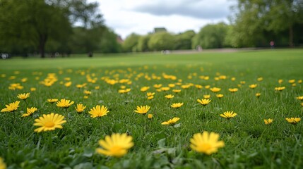 Obraz premium Yellow daisies blooming in a park, adding vibrant color to the natural scenery.