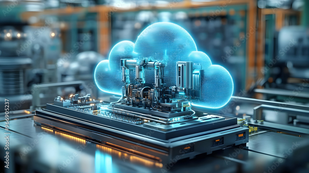 Poster a futuristic cloud computing representation with industrial elements and holographic effects.
