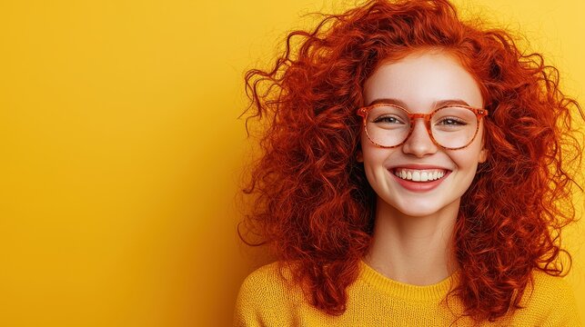 Smiling Woman with Curly Red Hair and Glasses Against Yellow Background