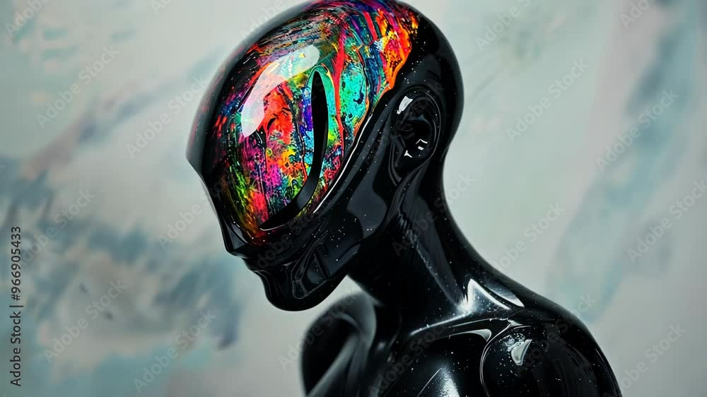 Poster exploring the unique blend of art and technology in a surreal humanoid figure with a kaleidoscopic r