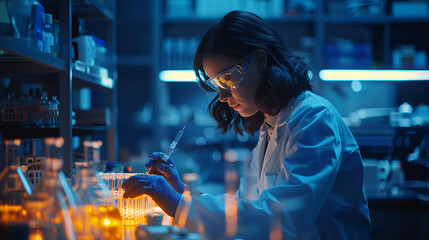 Naklejka premium Lab Research: A female scientist in a lab coat and safety goggles, meticulously works with a dropper and test tubes. The blue neon lighting casts a dramatic glow on the scene, emphasizing the importan