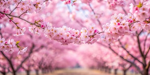 Fototapeta premium Soft pink spring landscape with sakura trees in full bloom, extreme close-up