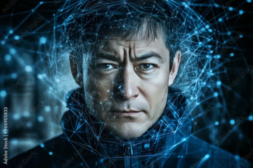 Poster cybernetics hybrid and biofeedback digital data nodes surround a serious man representing high tech 