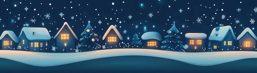 Fototapeta premium Winter wonderland scene with snow-covered houses and trees, sparkling under a starry night sky. Perfect for holiday-themed uses.