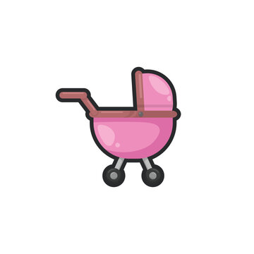 recommend clip art: pink baby stroller in outline flat vector design.