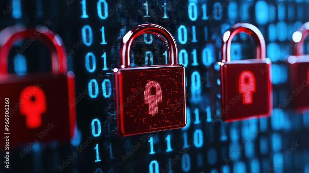 Aufkleber red padlocks on binary code background cyber security concept
