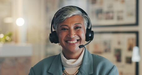 Customer service, call center and portrait of mature woman for telemarketing, communication and...