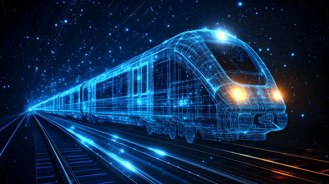 A futuristic digital representation of a train traveling on glowing tracks.